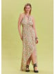 V Neck Backless Halter Neck Beige Floral Dress 4656
